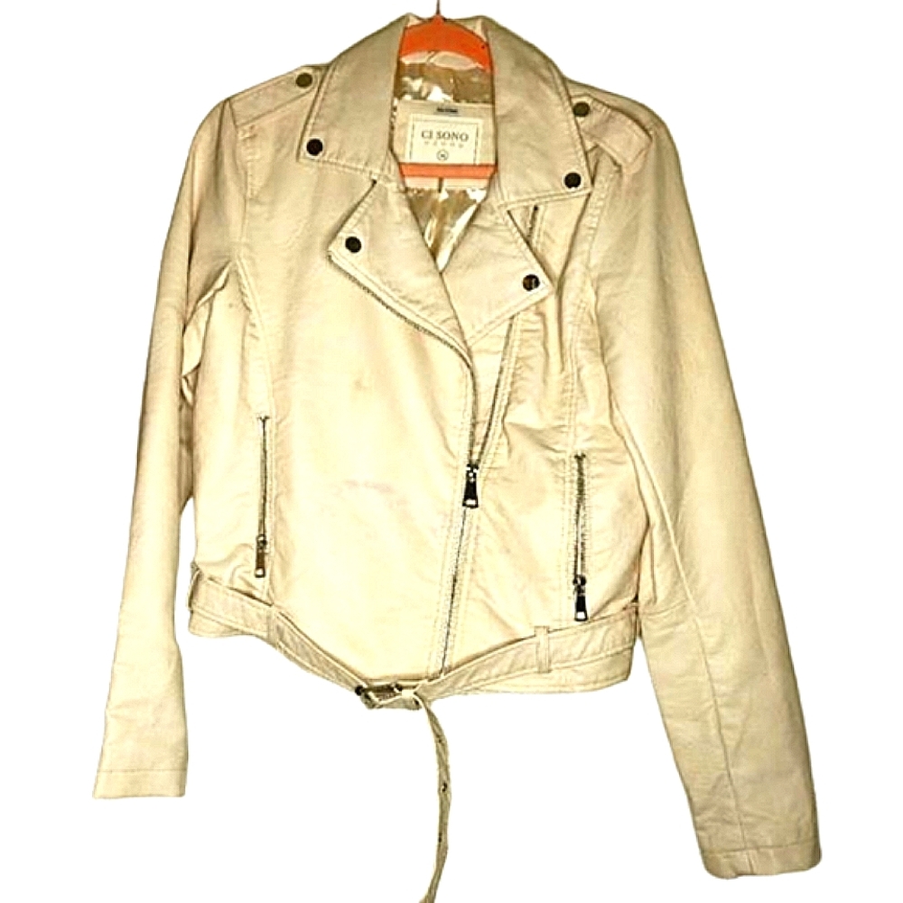 Effortlessly Cool: Fitted Off-White Leather Jacket for Ladies - Size M